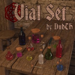 Ready for science? Ready for some potions? DubTH has what you need! This product contains 4 glass vials and one glass bottle prop perfectly suited for fantasy and medieval alchemist scenes. Compatible in Daz Studio 4.9 ! Check it out! Vial Set  http://ren