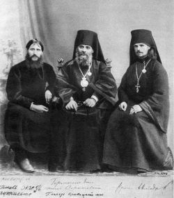 Rasputin, Hermogen and Iliodor in 1906. Alexandra ordered Hermogen banished to a monastery, after he beat Rasputin with a crucifix; Iliodor went into exile after the attack by Khioniya Guseva in June 1914.