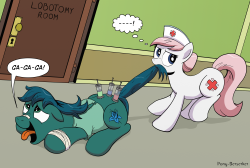 poison-trail:  Don’t mess with Nurse Redheart by Pony-Berserker This time around, we’re seeing what would’ve happened if Poison Trail failed to sneak past Redheart. While bedside manners are her specialty, nothing infuriates her more than loud visitors…