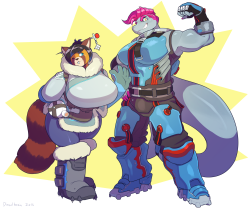 dieselbrain:  a commission for Talash’s ocs Vishka and Mia dressed up as Zarya and Mei from Overwatch