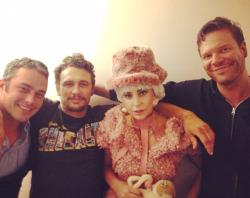 ladyxgaga:  Gaga with Taylor Kinney, James Franco, and Jim Parrack after a showing of Of Mice and Men in New York City earlier today (3.29.14). 