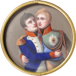 historium: French medallion of Napoleon Bonaparte and Tsar Alexander I embracing, made to celebrate the Treaty of Tilsit (1807). Napoleon once said to his wife, &quot;If Alexander was a woman, I would make him my mistress.“