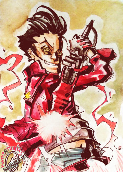 karniz:  No More Heroes: So happy to have been able to do this awesome Travis Touchdown commission at Anime Next 2013~ He was going between this or a mech from Gurren Lagann… not that I wouldn’t love to draw a fucking giant robot - but I’m happy