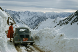  A woman surveys a treacherous mountain pass in the Pyrenees of France, 1956  -  Photograph by Justin Locke, National Geographic   