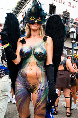 carelessnaked:  Nude lady with big boobs in a body paint walking on the road