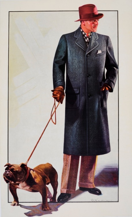 vintagepromotions:  Poster advertising men’s clothing by Schloss Bros. &amp; Co., an American clothing store, featuring a man dressed in a dark overcoat and suit walking a bulldog (c. 1930). Artwork by  R. C. Kauffmann.