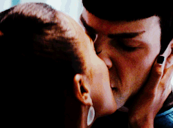 lucystillintheskywithdiamonds:  ;; spock&amp;uhura → smooches 💋 4/?↳   “In a manner plainly half-human, half-Vulcan, Spock responded. In a fashion sufficiently straightforward to indicate that he had done so before.“