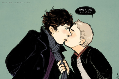 artmediocre:  “Hey there I really like your blog :) Also uh if you’re still taking requests do you think you could do a johnlock one where john (who can’t directly kiss sherlock because of the height difference) pulls sherlock by his scarf and