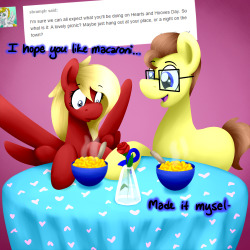 asklovelylaughter:And that’s when I knew he was The One.Happy Hearts and Hooves Day, everypony! Lots of Love to my dear followers &lt;3 I hope all of you find the macaroni-making stallion of your dreams! Except Blueheart, he’s mine. Get your own.