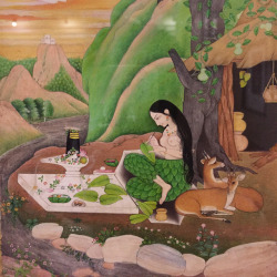 swapnil1690: Yogini accompanied with Does sitting next to a Shiv shrine. Wearing a leaf cladded attire, and jewels out of flowers, she is busy writing with a Kalum, on a leaf.  #Yogini #Hermit #HermitLife #Beauty #Divine #Shiv #Details #IndianAesthetic
