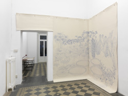  Marco Basta, Giardino, 2010–11. Felt-tip pen on felt; 300 × 346 cm. Installation view: ‘Blue Thursday&rsquo; at Gasconade, Milan (22 June – 21 July 2012). Photo: Alessandro Zambianchi. 