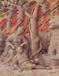 renaissance-art:  Andrea Mantegna c. 1500   Sampson and Delilah  From the book of Judges biblical story of Sampson and Delilah. Delilah is cutting Sampson’s hair while he reclines with his head on her lap. As the narrative goes by cutting Sampson’s