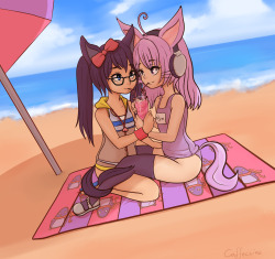 erinkitten:  Sharing a drink on the beach, shaded by an umbrella, legs wrapped around, looking into eachothers’ eyes, on a soft plush towel who’s patterned with her favourite animal. Uwahh! Source: http://caffeccino.tumblr.com  Yay Elins!