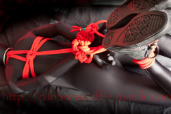 rubberwooffle:  Hogtie bondage in lycra with a new pair of rubber Converse All Stars. 