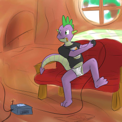 Art by Fuzebox. Anthro Spike playing games in his briefs.