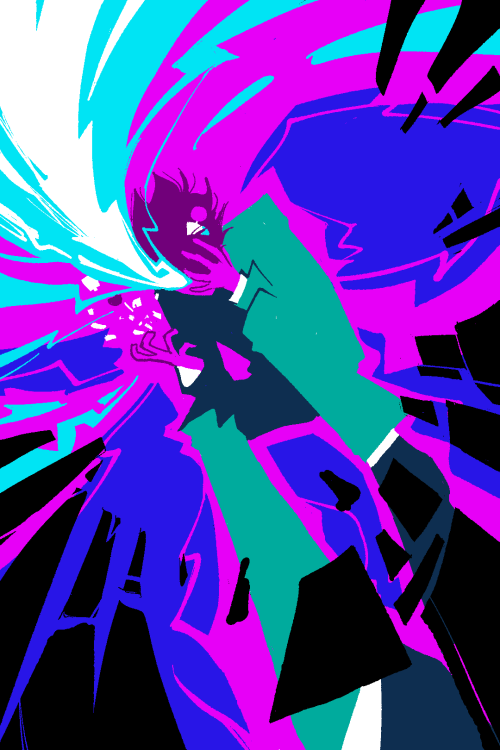 kuuhaiyu:  try to pry it open then it becomes a problem[image descriptions: three images done in a horror-esque style, drawn with neon colors and black. in the first, saiki hunches over the pieces of his broken limiter as psychic power pours out of him