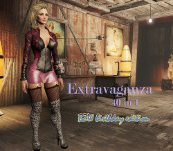 bazoongas-workshop-fo4-edition: Extravaganza 40 in 1 - BZW birthday edition. I finally finish it _-_. 40 standalone items with color sets. You can change color in armor workbench. Boots\shoes are the base (contain body) If your feet look too small make