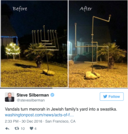 loon-whisperer:  micdotcom:  Someone twisted this Jewish family’s menorah into the shape of a swastika Naomi Ellis and her her husband Seth spent Friday morning — the morning after the sixth night of Hanukkah — trying to explain to their three young