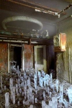 destroyed-and-abandoned:  Ice stalagmites in the basement of Greystone Park State Hospital in New Jersey 