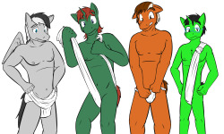 Bunch of pony oc’s couldn’t quite figure out how to put on fundoshis quite right.  Gladd’s still stuck figuring out the length he needs, Brave’s made his a bit too loose, Lock’s made his a bit too tight, and Ray’s taken a different approach.