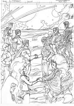 draggingcomplaining: Walt Simonson’s pencils for a splash page from UNCANNY X-MEN AND NEW TEEN TITANS. Walt’s given Cyclops and Robin the line, “You know, you guys remind me of us.”
