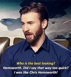 ohcaptainmycaptain1918:  beardedchrisevans:Chris &amp; Chris agree that Chris Hemsworth is hot af  together they make the unholy trinity