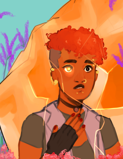 fioblah: touch the crystal [id. aubrey, is a dark skinned young woman with short curly red hair. in the left image, she is cast in orange light as she is reflected in the light of a giant orange crystal. flowers grow around the crystal. her left eye glows