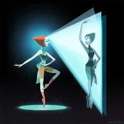 wendichen:  Pas de deux. (In addition to sword fighting demonstrations, I like to imagine that Pearl would enlist the help of Holo-Pearl to perform a dance duet!) Made this for the MightyFine Steven Universe T-Shirt Design Contest… if you like my design,