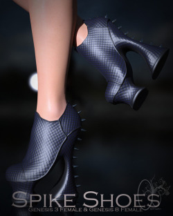  Spike Shoes are hand sculpted shoes for Genesis 3 and Genesis 8 Female.  All Diffuse, Specular, Normal and Bump Maps are HD quality for a more  realistic render finish. Created by CynderBlue and is ready for Daz Studio 4.9 and up! Get walkin in these