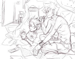 galacticterran: ((OOC: So I woke up early on a Sunday accidentally and suddenly felt the urge to draw Apollo and Clay at 17 years old watching Red Dwarf in a pillow fort. This was based on an RP I’m currently doing with crimson-chords. Poor Apollo’s