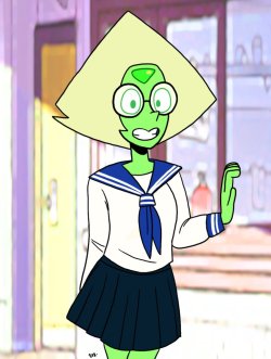 eyzmaster:  Steven Universe - Peridot 95 by theEyZmaster  It’s been a real long time since I last gave Peridot a school uniform (which was like my 19# pic I think).Inspired by an idea I saw on one of the Crewniverse sketches. Enjoy!     &lt;3 &lt;3