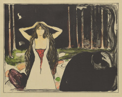nobrashfestivity: Edvard Munch Ashes II, 1899/1899 or later, lithograph in black with hand coloring on olive green wove paper Ashes I, 1896, pen lithograph in  black with hand coloring on paper 