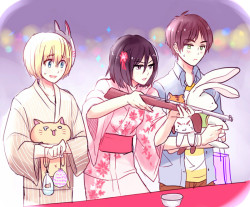 i-c-21:  i saw a picture of mikasa wearing a yukata, and suddenly i wanna draw them playing at a summer festival. mikasa’s winning all the prizes for the boys :3 