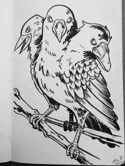 featherofmetis:  Day 10- YatagarasuI need practice getting loose with drawing so this was great practice in that. Also corvids are such fun birds, it was cool getting to put my own spin on a well known demon (and each head is a different corvid!)