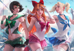 sakimichan:  fighting evil by day light PowerPuff girls and Sailormoon .Bubbles, Blossom Buttercup Crossover piece :3 i gave it ore polish was fun to work on ^^  PSD+high res,steps,vidprocess etc&gt;https://www.patreon.com/posts/powerpuff-term-7519229