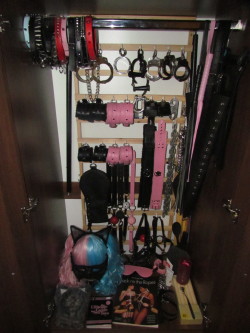 least-virginy-virgin-ever:  thattroikidd:  Picture one:  Rail- Collars, black and pink flogger, Arm binder, Latex Skirt Row 1- Ankle cuffs, Bracelet cuffs, iron shackles, handcuffs  Row 2-  Black and pink leather Ankle cuffs, padlocks, Lockable cuffs,