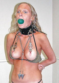 training-your-property:  I love the nipple - collar - weight connection that’s happening here.  I also like this pet - she’s very well trained.  Doesn’t need tape of a full gag, just shove a ball in her mouth and she’ll keep it there.  