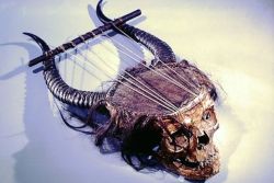 mortem-et-necromantia:  Chordophone-Lyre-plucked, made from a human skull, antelope horns, skin, gut, and hair. 