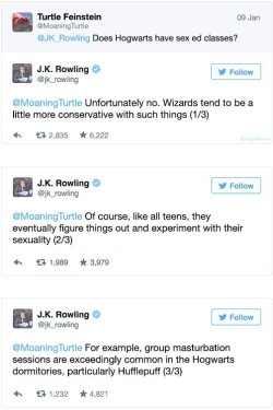 queen-squids:  bagged-a-bazooka:  I can’t believe Hufflepuffs are a bunch of fucking circlejerkers  what the fuck rowling 