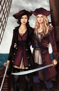 shikabane-mai:  Captain Emma Swan and (her former bounty mark) Regina Mills.  My AU head canon for this:  Emma Swan is a pirate captain of her own ship and with her own crew (consisting of various canon Storybrooke characters). She is notorious for her
