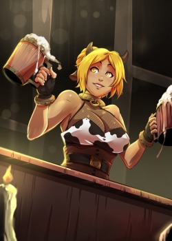 denesta:  A lovely picture of my cow girl Mercanis tending her bar.Art by @d-rex-art!It is going to be card art for a deck building game they made. :D
