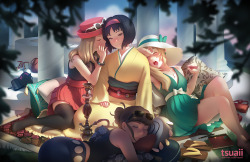 tsuaii:  Erika and a few of her Pokémon trainers, lounging about… Painted for my Patreon relaunch, with the full process available via Gumroad! 