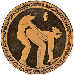 myancientworld:  Attic red-figure kylix, dated 480-470 BC. A man and woman engage in sexual intercourse. The man is younger, as noted by his sideburns, which showed his coming of age. A full beard symbolised a male as a completely grown adult. The woman