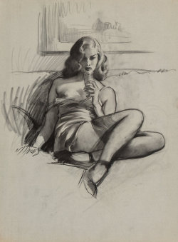 womblegrinch:  Gil Elvgren (1914-1980) - “I’m not bad…I’m just drawn that way” - preliminaryCharcoal on tracing paper. Drawn c.1946.23.75 x 17 inches, 60.5 x 43.2 cm. Estimate: USŪ,000-3,000.To be sold Heritage Auctions, Dallas, 23 April 2019.Created