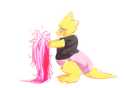 iscoppie:  Alphys has fun in her first cosplay-wig! I just really wanted to colour these poses :&gt;  such a cutie