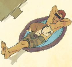 sabotensan:  There was this post and I felt this was my calling:chuck hansen sitting in a shitty blow up kid’s pool in the middle of the shatterdome cafeteria wearing nothing but shutter shades and swimming trunks with his dog passed out on his stomach