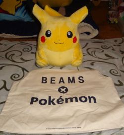 pacificpikachu:   1/1 scale BEAMS x Pokémon Pikachu plush  This amazing plush was released in late 2014, but it is modeled after the early chubby Pikachu design. The special feature of this Pikachu is that it’s not only 1/1 scale size-wise, but it