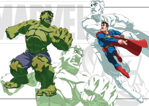 latanieredecyberwolf:  Hulk vs Superman & Spider-Man vs Flash  by Kevin Harrell  Good matchups