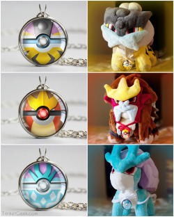 trinketgeek:  My boyfriend got me some Legendary Beast pokedolls so I decided to make a special post and made some pokeballs for each of them! :D They look really cute and the Raikou pokedoll has an adorably slight tilted head looks like a kitten. Suicune
