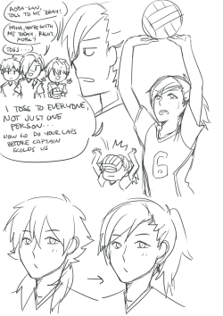 mayonaka-hibiki:  dmmd volleyball au setter!aoba… ((sweats)) and bonus doodle of blockers clear, mink, and ren who aint gonna let ur spike go thru 